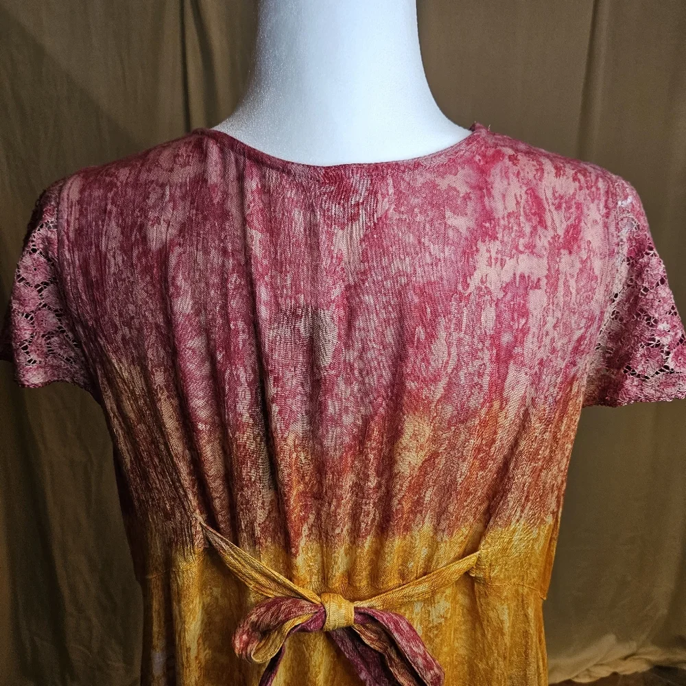 NWT Shoreline Boho Tie-dye Embroidery V-neck Dress with Lace Sleeves - Picture 7 of 12